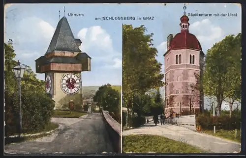 AK Graz, Uhrturm und Glockenturm mit der Liesl am Schlossberg