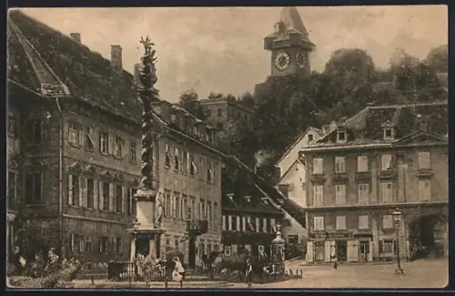AK Graz, Karmeliterplatz mit Säulendenkmal u. Uhrenturm