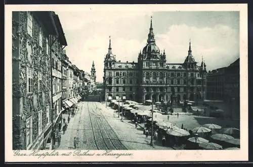 AK Graz, Hauptplatz mit Rathaus u. Herrengasse, mit Markt
