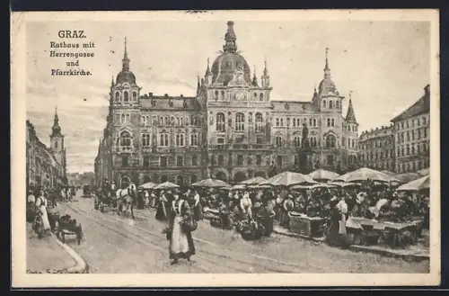 Künstler-AK Hans Götzinger: Graz, Rathaus mit Herrengasse und Pfarrkirche, Markttreiben
