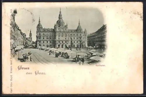 AK Graz, Rathaus mit Markt aus der Vogelschau