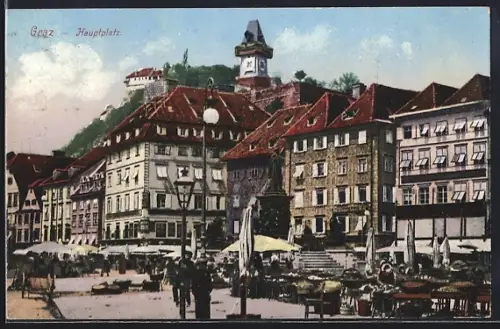 AK Graz, Hauptplatz mit Markt u. Uhrenturm