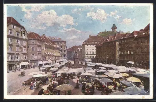 Künstler-AK Graz, Hauptplatz mit Markt, Uhrturm
