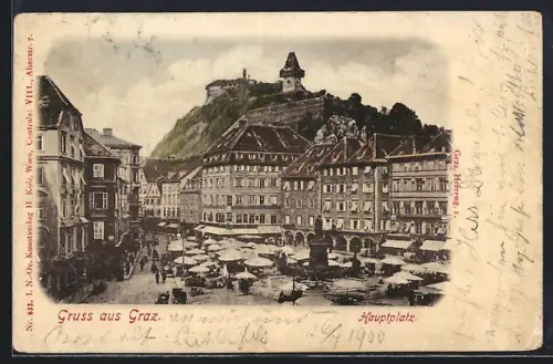 AK Graz, Hauptplatz mit Markt, mit Blick auf Uhrturm