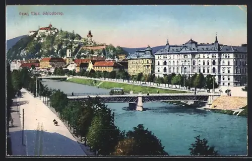 AK Graz, Murpartie mit Brücken u. Schlossberg aus der Vogelschau
