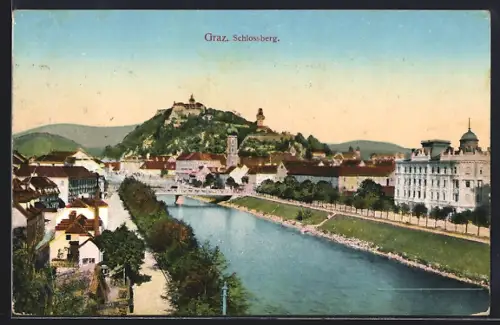 AK Graz, Schlossberg-Panorama von der Mur aus