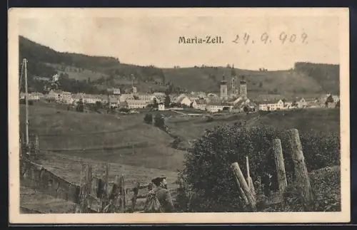 AK Mariazell, Ortspanorama mit Umgebung aus der Vogelschau