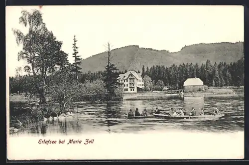AK Mariazell, Erlafsee mit Gebäude und Bootspartie