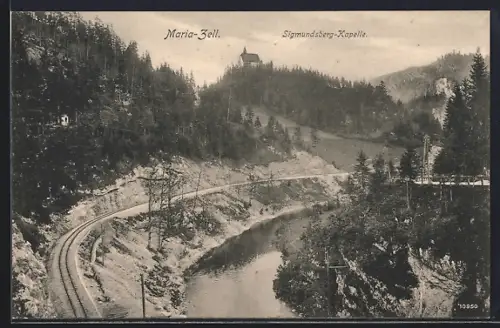 AK Mariazell, Sigismund-Kapelle mit Gewässer und Bahngleisen