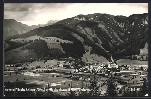 AK Aflenz /Steiermark, Gesamtansicht mit Hochschwab aus der Vogelschau