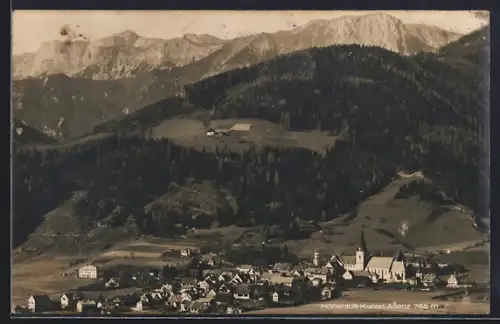 AK Aflenz, Totalansicht mit Bergpanorama aus der Vogelschau