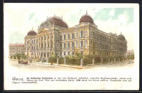 Lithographie Graz, Technische Hochschule in der Rechbauerstrasse, Ansicht mit Strasse