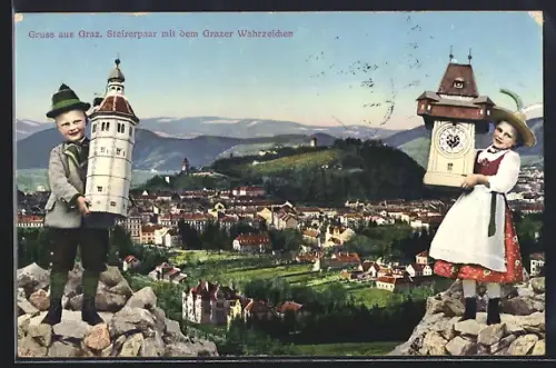 AK Graz, Teilansicht, Steirerpaar mit dem Grazer Wahrzeichen
