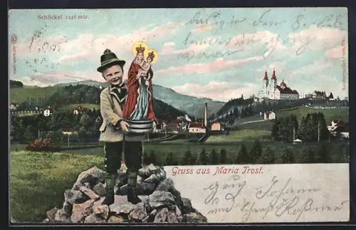 AK Maria Trost, Ortsansicht mit Schöckel, Junge mit Heiligenfigur