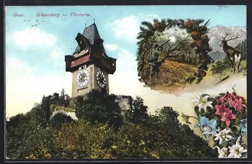 AK Graz, Uhrturm auf dem Schlossberg, Jäger und Hirsch, Bergblumen