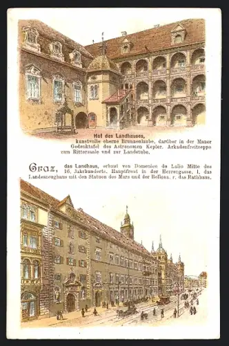 Lithographie Graz, Landhaus mit Strasse, Hof des Landhauses