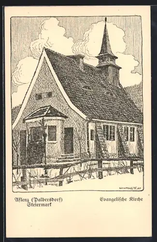 Künstler-AK Aflenz, Palbersdorf, Evangelische Kirche