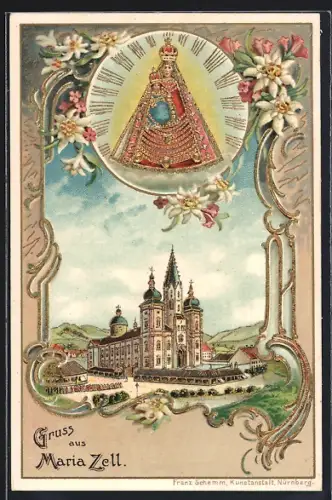 Lithographie Maria Zell, Motiv der Kirche und Mutter Gottes