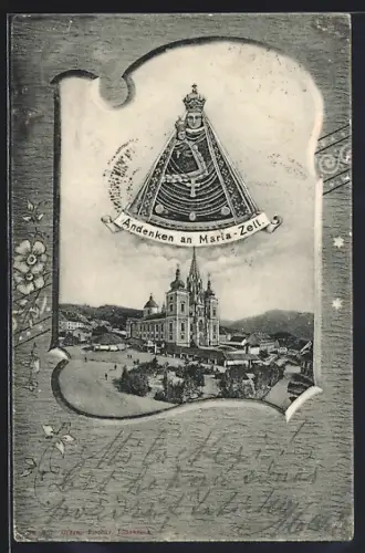 AK Maria-Zell, Totalansicht aus der Vogelschau, Schwebende Jungfrau mit Kind, im Rahmen