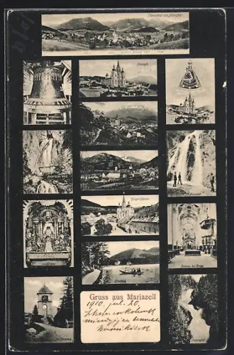 AK Mariazell, Marienfall, Kreuzberg-Turm, Inneres der Kirche, Ortsansicht