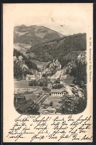 AK Thörl /Stmk., Totalansicht mit Burg und Bergpanorama aus der Vogelschau