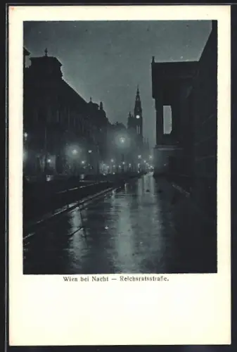 AK Wien, Reichsratsstrasse bei Nacht, mit Turm