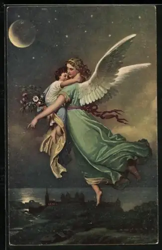 Künstler-AK Engel trägt ein Kind auf dem Arm, Zu Gott