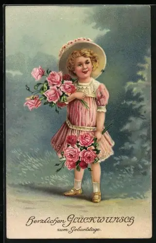 Präge-AK Mädchen mit zwei Rosensträussen, Herzlichen Glückwunsch zum Geburtstag