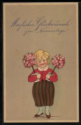 Künstler-AK Kind mit zwei Pflanzen in Töpfen, Herzlichen Glückwunsch zum Namenstag