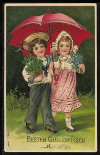 Künstler-AK Junge in Matrosenanzug und Mädchen in rosanem Kleid mit Klee und Vergissmeinnicht, Namenstag
