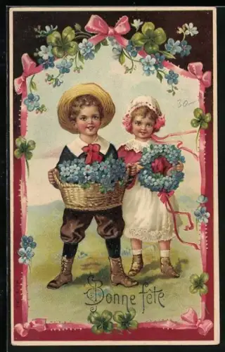 Künstler-AK Kinder mit Vergissmeinnicht und Klee, Bonne Fête