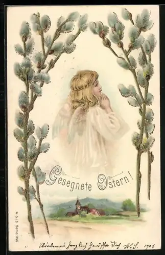Lithographie Betender Osterengel über einer Stadt, Weidenkätzchen, Gesegntete Ostern
