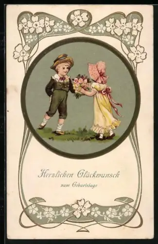 Präge-AK Junge gibt Mädchen einen Blumenstrauss, Herzlichen Glückwunsch zum Geburtstag