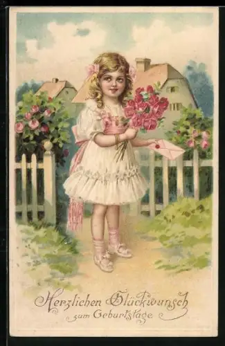 Künstler-AK Mädchen mit Strauss aus Rosen und einem Brief, Herzlichen Glückwunsch zum Geburtstag