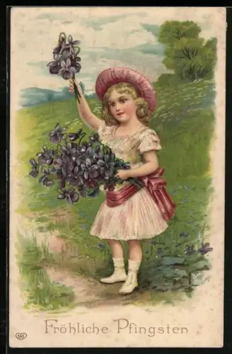 Präge-AK Mädchen mit Hut und einem Veilchenstrauss, Fröhliche Pfingsten