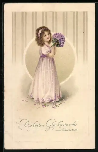 Künstler-AK Mädchen in elegantem Kleid mit Blumenstrauss, Die besten Glückwünsche um Geburtstag