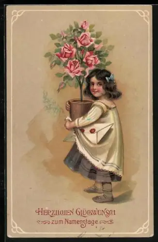 Präge-AK Mädchen mit einem riesigen Brief und einer Rosenpflanze, Herzlichen Glückwunsch zum Namenstag