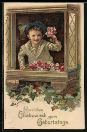 Lithographie Kind in Matrosenuniform mit einer Rose, Herzlichen Glückwunsch zum Geburtstag