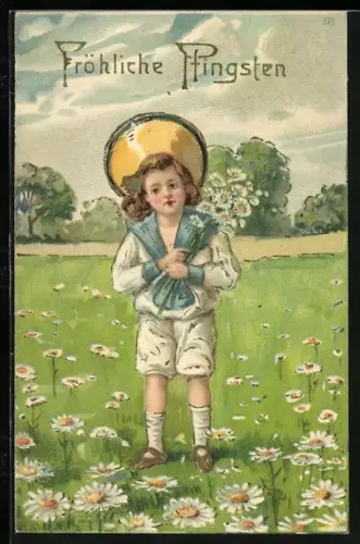 Künstler-AK Knabe auf Blumenwiese mit Margeriten, Fröhliche Pfingsten