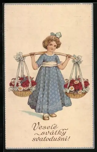 Künstler-AK Mädchen trägt zwei Blumenkörbe, Vesele svatky svatodusni