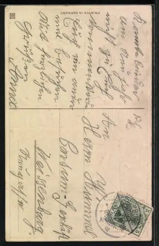 AK Junge nagelt ein aus Blumen und Kleeblättern geformtes Herz mit Hufeisen an die Wand, Neujahr