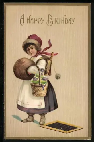 Präge-AK Mädchen mit Schultasche und Blumenkorb, A Happy Birthday