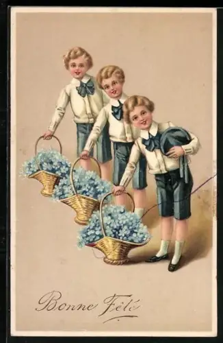 Präge-AK Drei Kinder mit Blumenkörben, Bonne Fête