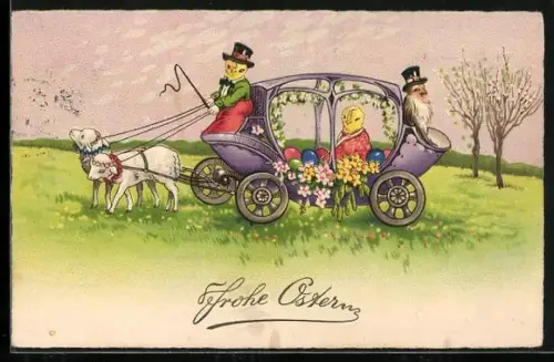AK Osterküken in einer Kutsche, die von Lämmern gezogen wird, Frohe Ostern