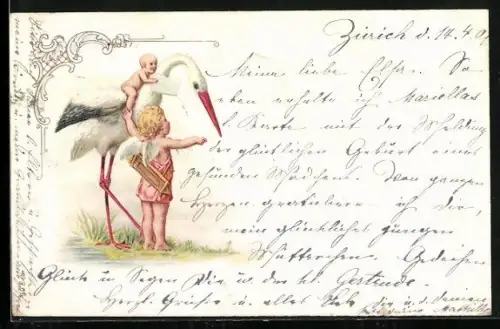 Lithographie Amor weist einem Storch mit Baby den Weg