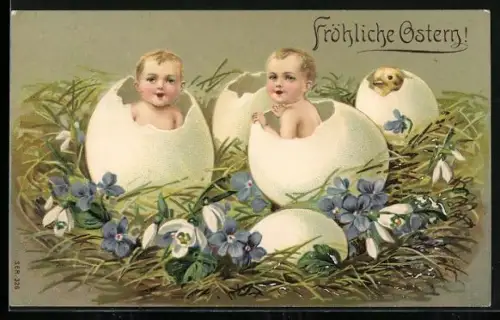 Künstler-AK Kinder und ein Osterküken schlüpfen aus Eiern, Fröhliche Ostern