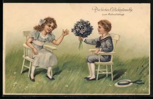 Präge-AK Junge gibt Mädchen einen Blumenstrauss zum Geburtstag