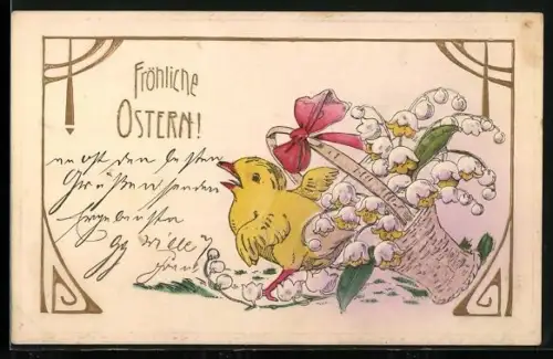 AK Osterküken mit einem Korb voller Maiglöckchen, Fröhliche Ostern