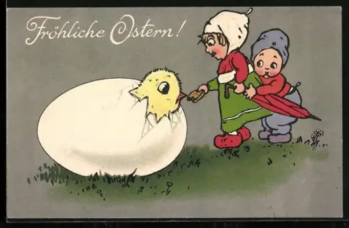 AK Kinder füttern ein Osterküken mit Brot, Fröhliche Ostern