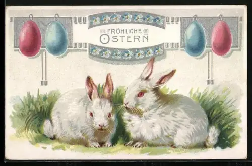 Präge-AK Zwei weisse Osterhasen sitzen im Gras, Fröhliche Ostern
